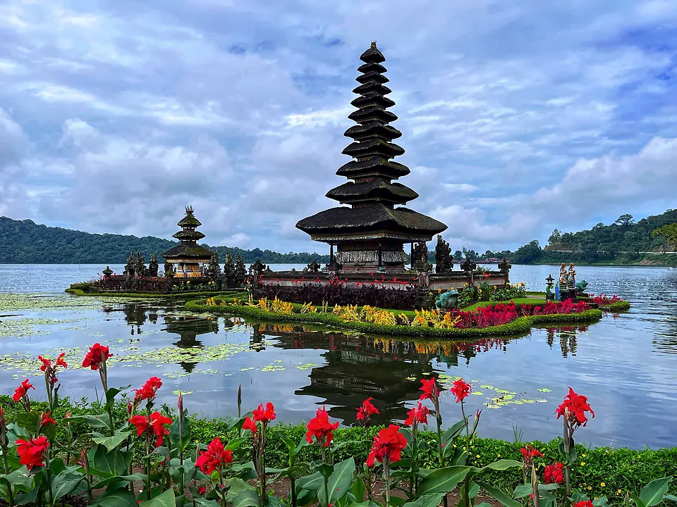 Pura Ulun Danu Bratan temple on Lake Bratan, Bali, at sunset